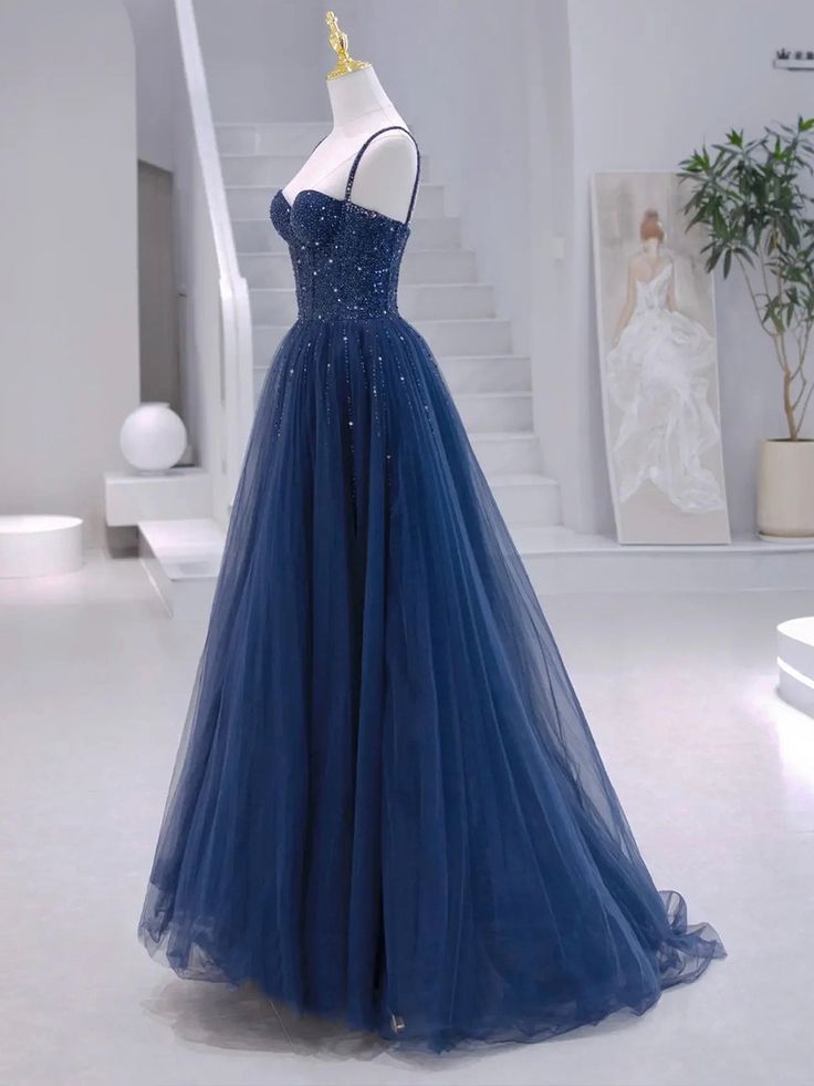 Modest A line Spaghetti Straps Navy Blue Tulle With Silver Beads Prom Dresses Long Party Dress Evening Dresses AC013
