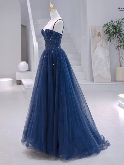 Modest A line Spaghetti Straps Navy Blue Tulle With Silver Beads Prom Dresses Long Party Dress Evening Dresses AC013