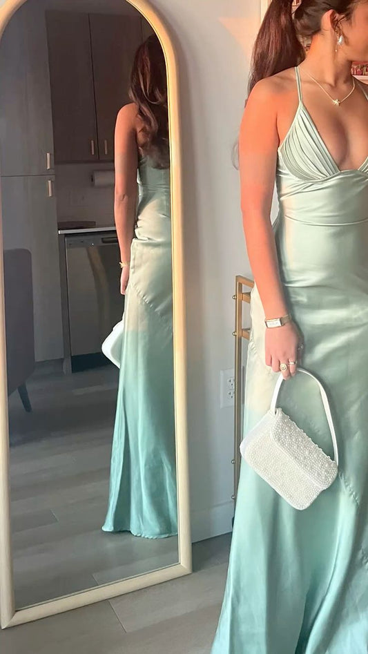 Charming Mermaid Halter Satin Mint Green Summer Spring Inspiration Long Wedding Guest Dress Birthday Outfits N1567