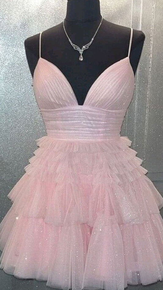 Glitter A Line Spaghetti Strap Pink Tulle Sequin Mini Graduation Dresses Short High School For 8th Grade omecoming Gown RB3410