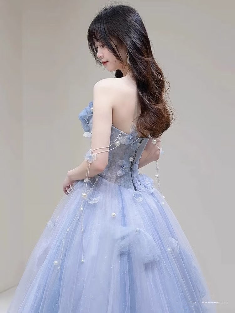 Charming Ball Gown Sweetheart Blue Tulle Long Prom Dresses Formal Party Dress Prom Gown AU112