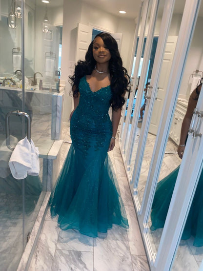 Dark Green Mermaid Tulle Lace Prom Dress Winter Gown Semi Formal Grad Long Prom Dress For Teens AB1994