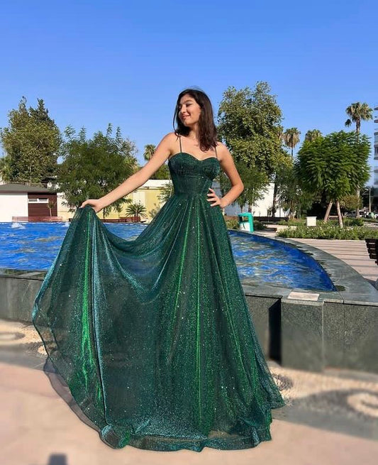 Modest long A line spaghetti straps dark green sequins prom dress Formal Party Gown AB477