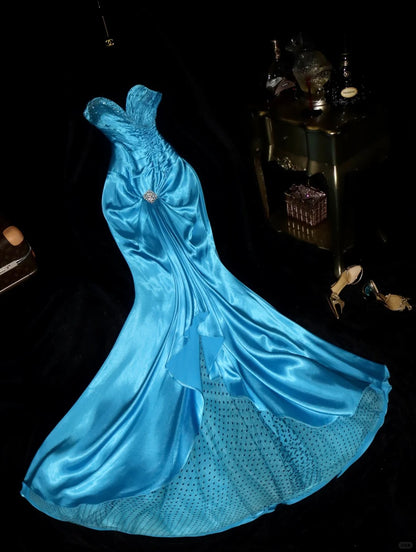 Sophisticated Mermaid Sweetheart Royal Blue Satin With Beaded Polka Dots School Dances Prom Dresses 8th Grade Formal Outfits Evening Gown RB8440