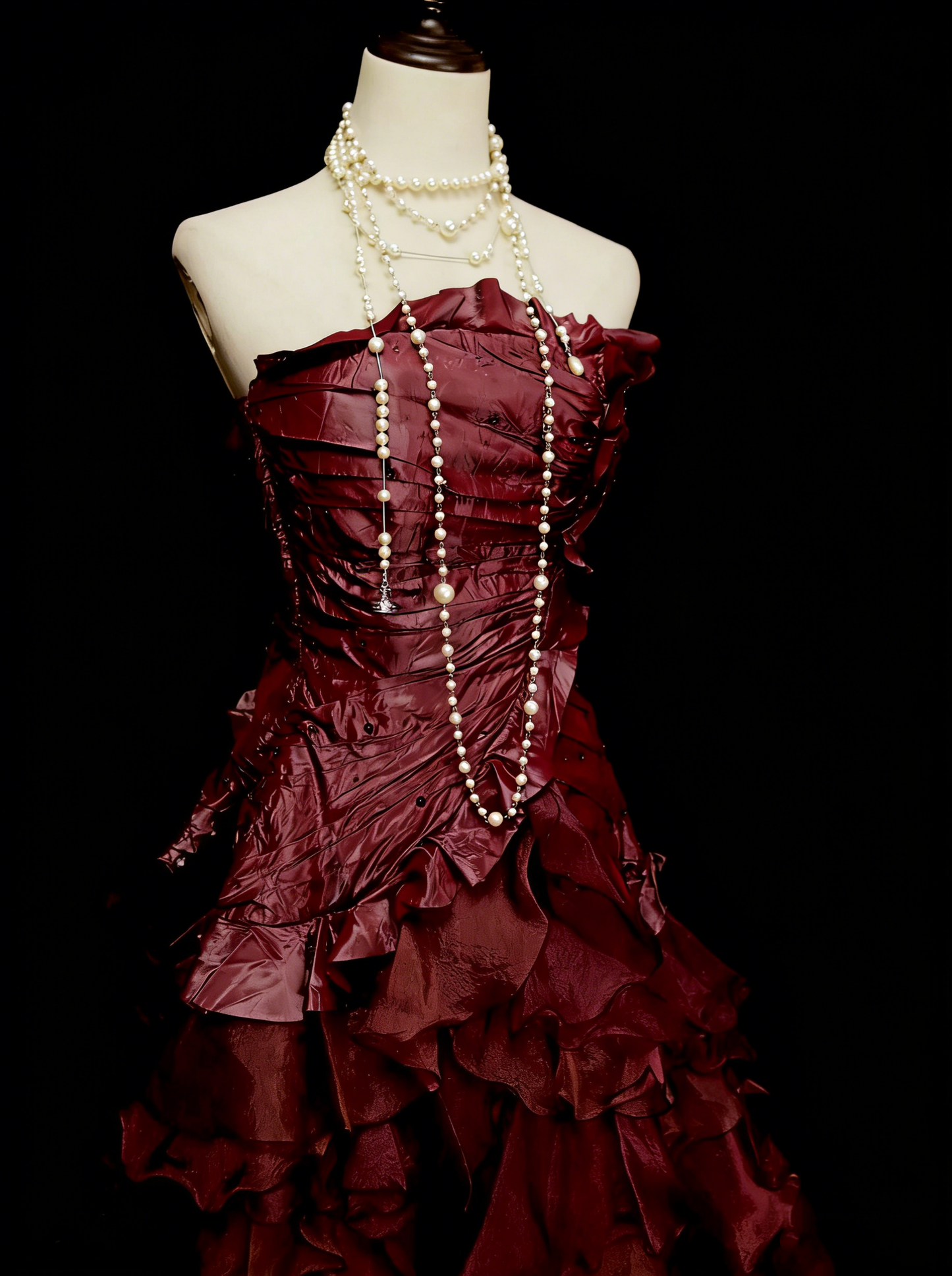 Cute Ball Gown Strapless Burgundy With Ruffles Long Party Gowns Prom Dresses N2141