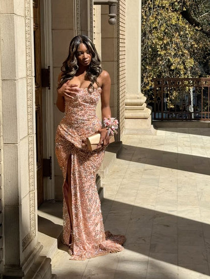Sexy Mermaid Strapless Pink With Slit Long Prom Dress With Beaded Bodice Evening Dresses N635