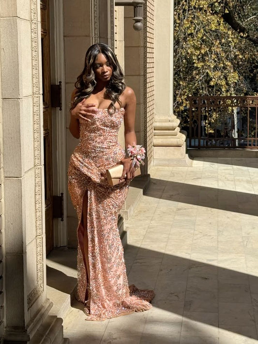 Sexy Mermaid Strapless Pink With Slit Long Prom Dress With Beaded Bodice Evening Dresses N635