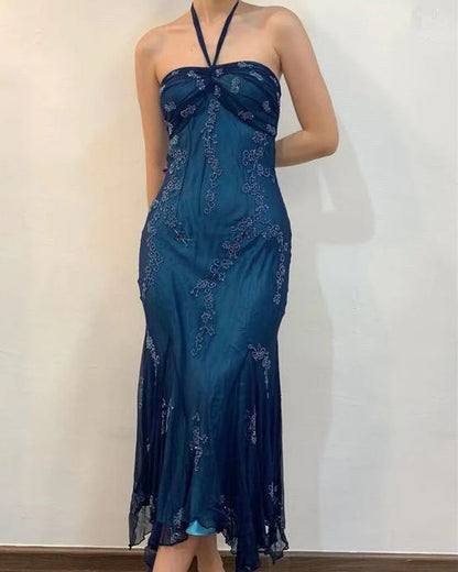 Vintage Halter Mermaid Long Prom Dresses Chiffon Beaded Dark Green Long Formal Dresses Graduation Dress N1617