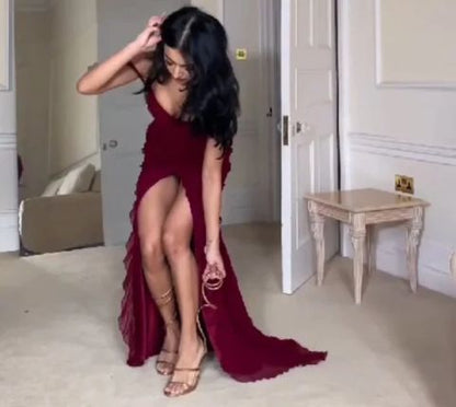 Pretty Mermaid Off The Shoulder Burgundy Slit Long Prom Dresses Formal Evening Dress N1622