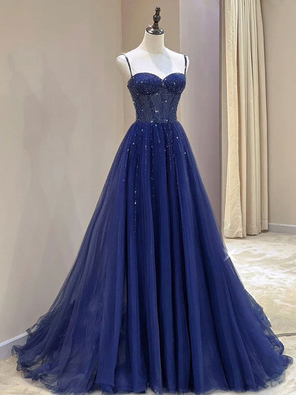 Modest A line Spaghetti Straps Navy Blue Tulle With Silver Beads Prom Dresses Long Party Dress Evening Dresses AC013