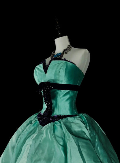 Vintage 1760s Ball Gown Sweetheart Green With Satin Pleated Long Prom Dresses N1598