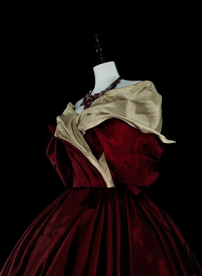 Vintage 1760s Ball Gown Off The Shoulder Burgundy Satin Pleated Long Prom Dresses N1595