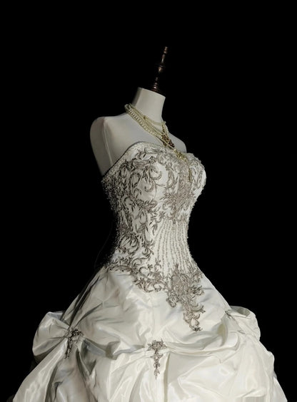 Vintage 80s Wedding Dresses Ball Gown Strapless Long Brides Dress Fitted Bridal Gown N1594