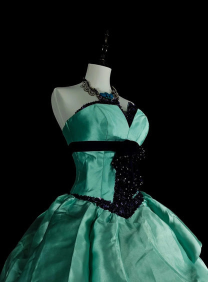 Vintage 1760s Ball Gown Sweetheart Green With Satin Pleated Long Prom Dresses N1598