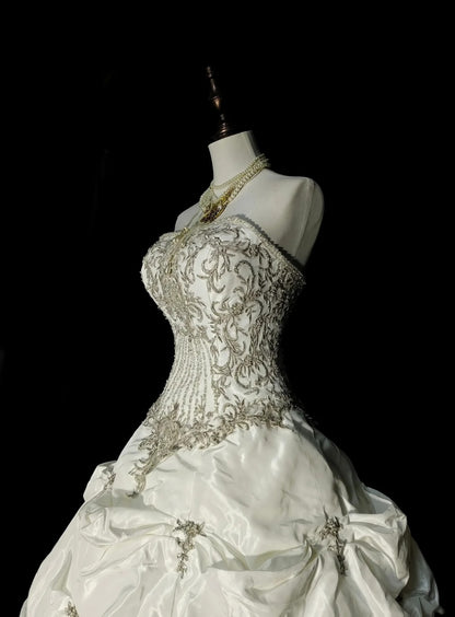 Vintage 80s Wedding Dresses Ball Gown Strapless Long Brides Dress Fitted Bridal Gown N1594