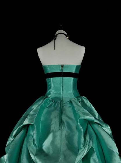 Vintage 1760s Ball Gown Sweetheart Green With Satin Pleated Long Prom Dresses N1598