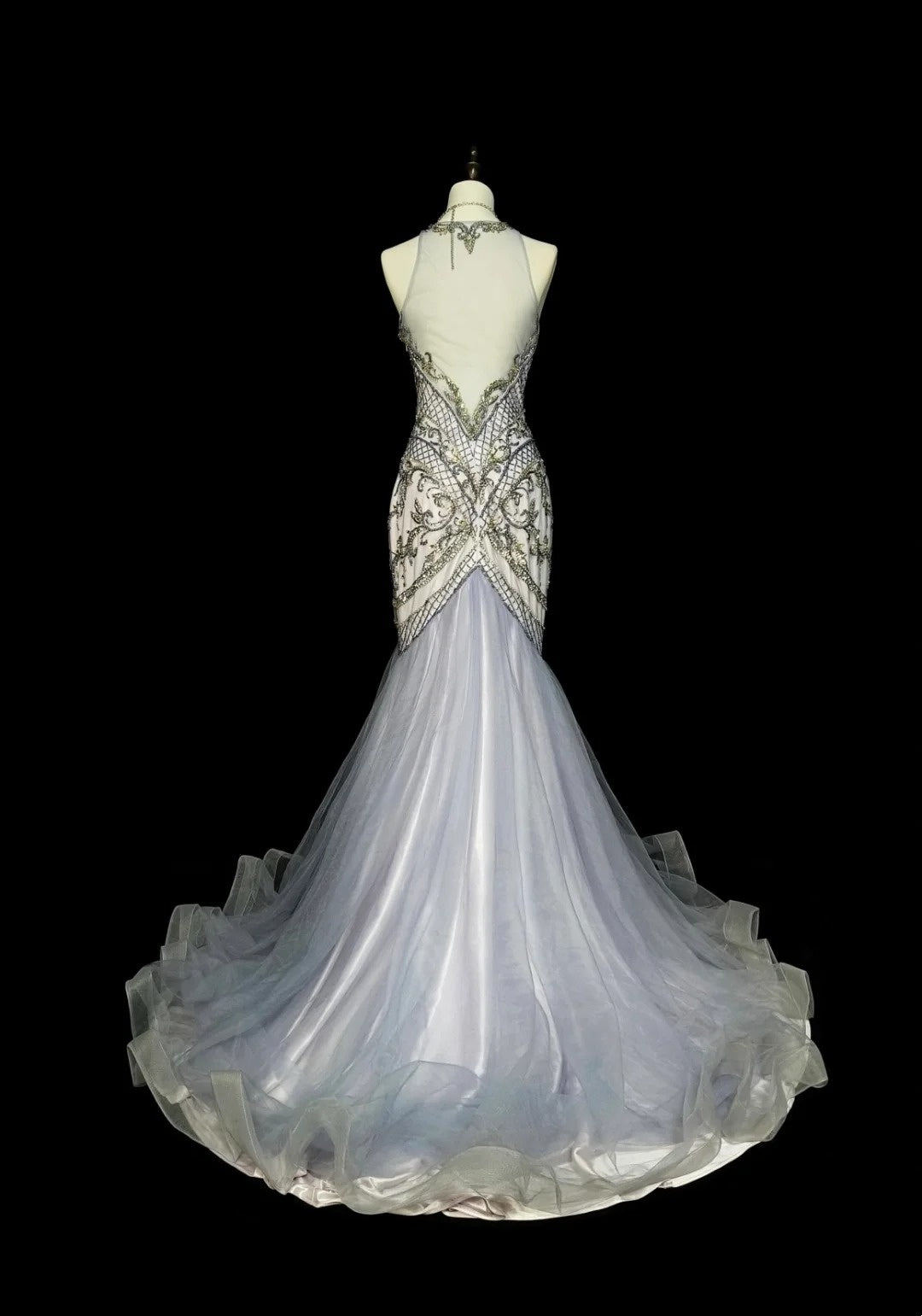 Vintage 1960s Mermaid High Neck Sleeveless Tulle Light Sky Blue Long Prom Formal Dresses N1581