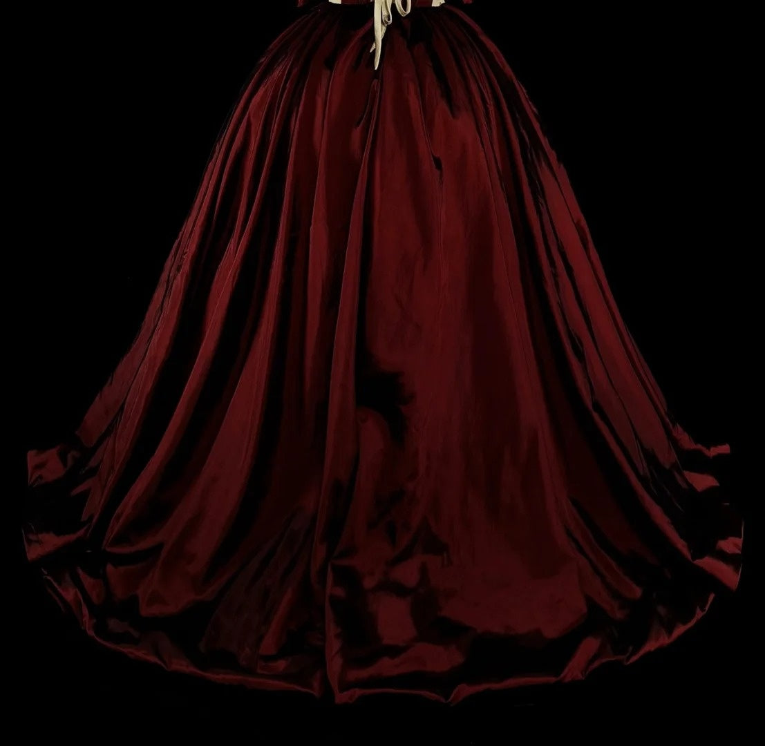 Vintage 1760s Ball Gown Off The Shoulder Burgundy Satin Pleated Long Prom Dresses N1595
