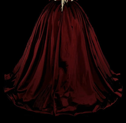Vintage 1760s Ball Gown Off The Shoulder Burgundy Satin Pleated Long Prom Dresses N1595