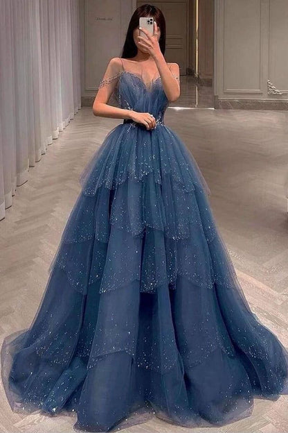 Gorgeous Dusty Blue Sparkly Tulle Beaded Prom Dress Tiered Formal Gown With Rhinestone Party Gowns AS161