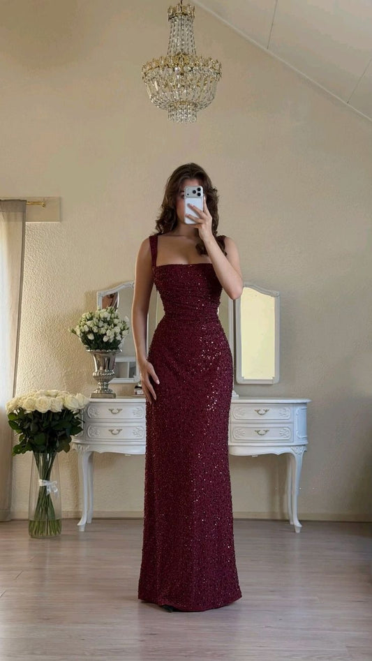 Sexy Mermaid Square Neck Burgundy Sequin Prom Dresses Long Evening Formal Gown Wedding Party Gowns N357