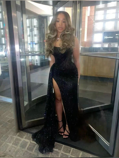 Sexy Black Lace Sequin Slit Mermaid Long Prom Dress Evening Dress AB1625