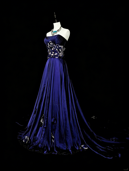 Vintage A line Strapless Royal Blue Satin Sleeveless 90s Prom Dresses Inspo Long Formal Party Gown N1499