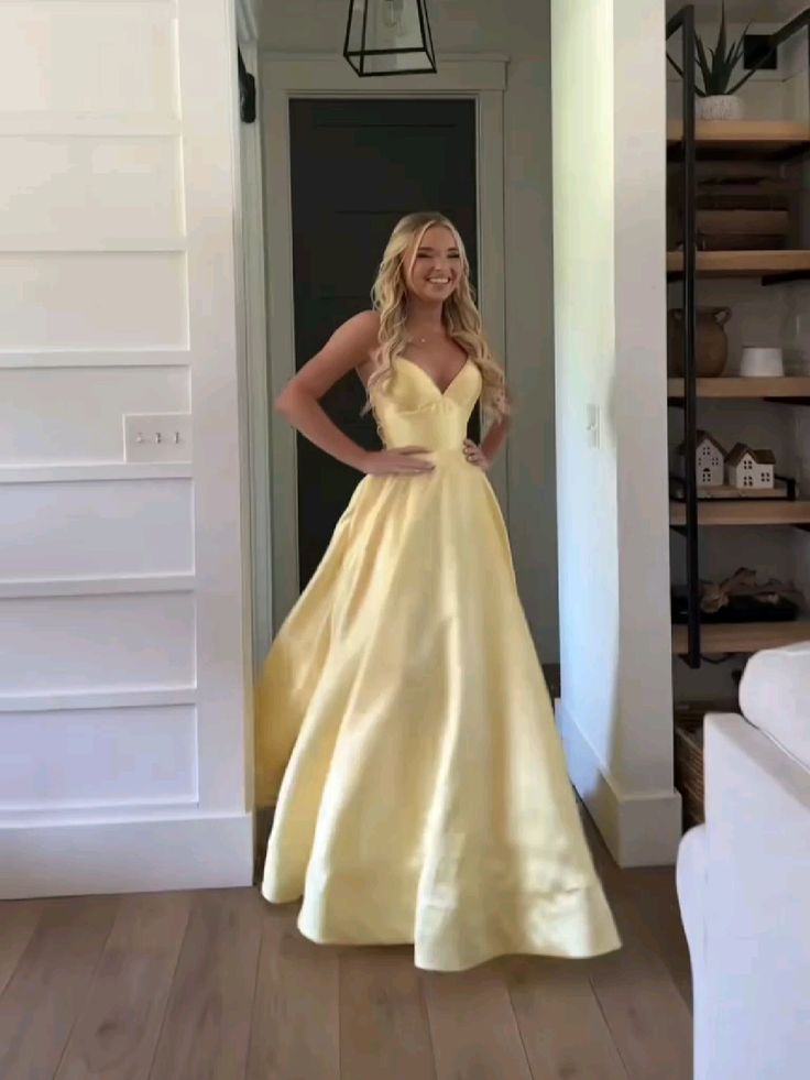 Unique A line Spaghetti Straps Pale Yellow Satin Long Prom Dresses Formal Gown Inspo Evening Outfit AB737