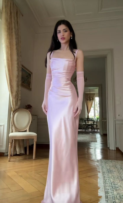 Simple Mermaid Square Neck Pink Satin Prom Dresses Long Evening Formal Gown Wedding Party Gowns N358