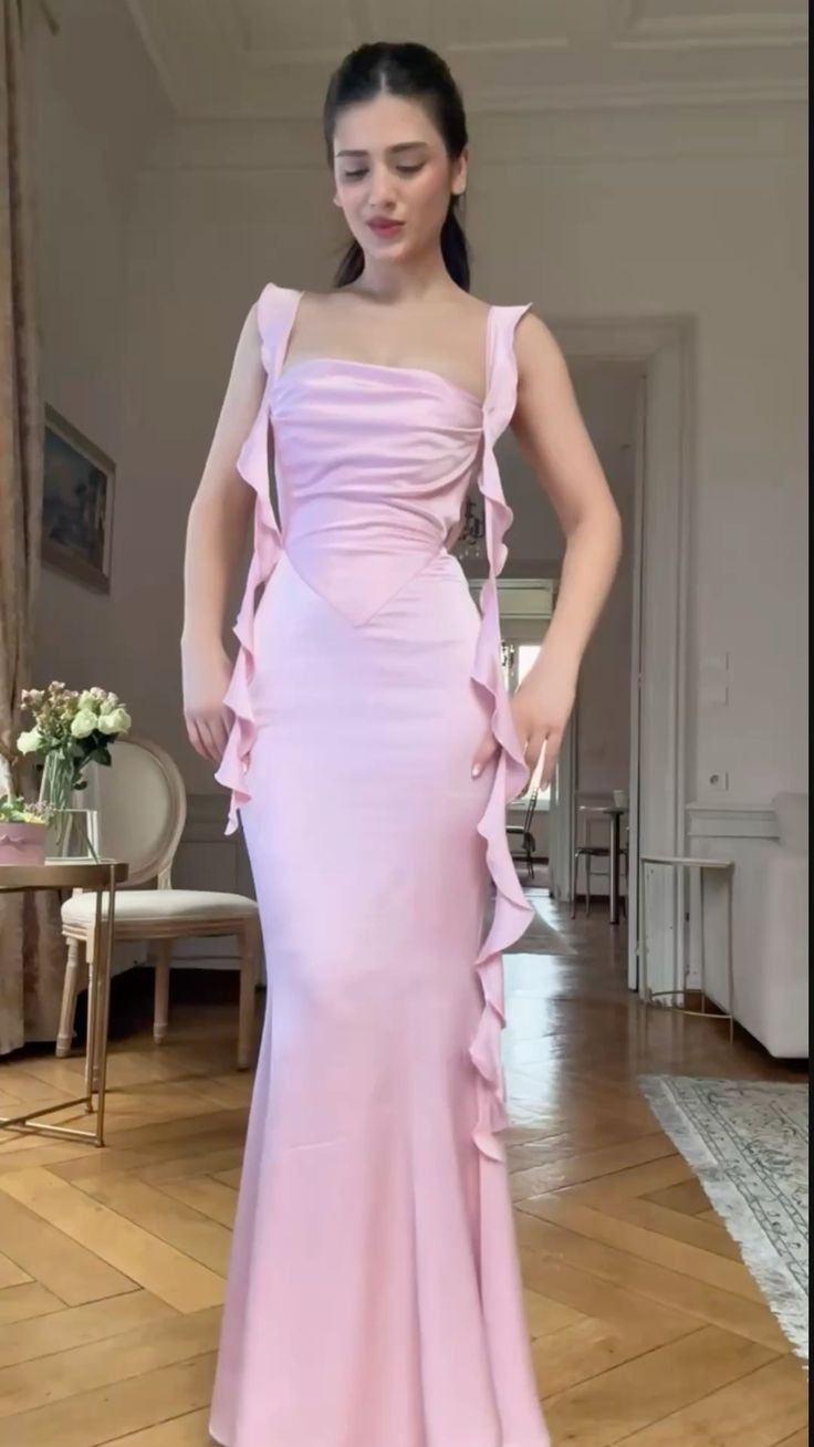 Simple Mermaid Square Neck Pink Satin Prom Dresses Long Evening Formal Gown Wedding Guest Party Gowns N359