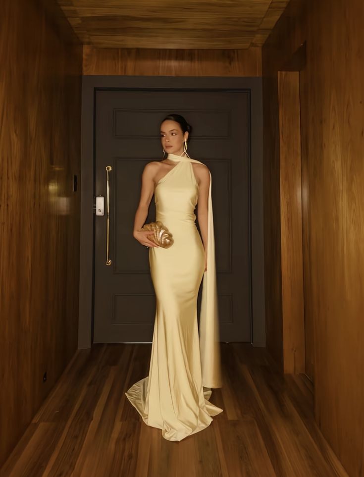 Modest Mermaid High Neck Yellow Satin Long Evening Spring Summer Beach Formal Wedding Guest Dress N2777