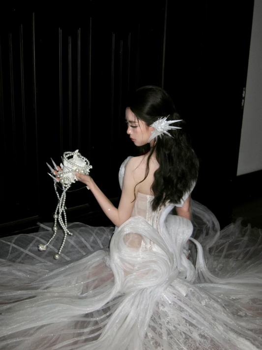 Princess Wedding Dresses Mermaid One Shoulder Lace Tulle White Brides Dress For Brides Fitted Long Bridal Gowns AB2408