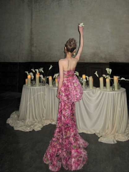 Modest Mermaid Hot Pink Strapless Floral Prom Dress Aesthetic Long Graduation Dance Evening Outfits N053