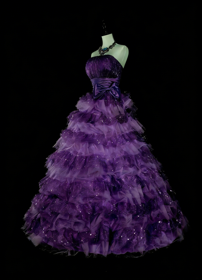 Vintage Ball Gown Strapless Purple Tulle Tiered Layers Sweet 16 Dresses Quinceanera Dress Long 15 Vestidos De Fiesta N1496