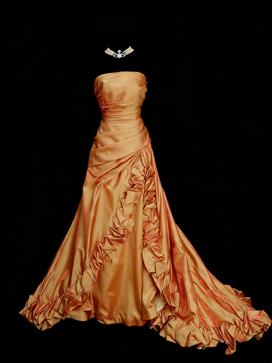 Vintage Ball Gown Strapless Orange 1980s College Formal Outfit Prom Graduation Dresses For Teens N1332
