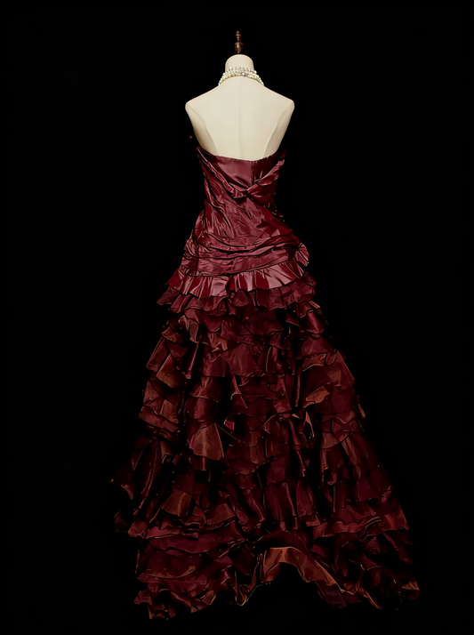 Cute Ball Gown Strapless Burgundy With Ruffles Long Party Gowns Prom Dresses N2141