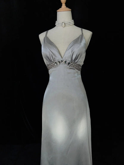 Classy Prom Dresses Inspiration Mermaid Spaghetti Strap Silver Gala Satin Sleeveless Vintage Formal Dress N3181