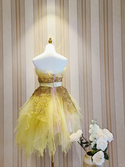Cute Ball Gown Strapless Yellow Tulle Short Mini Party Dress Cocktail Homecoming Dresses N4195
