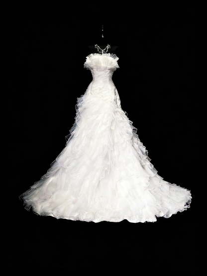 Vintage 80s Wedding Dresses Mermaid Strapless Tulle White Ruched Layers Long Brides Dress Fitted Bridal Gown N1208