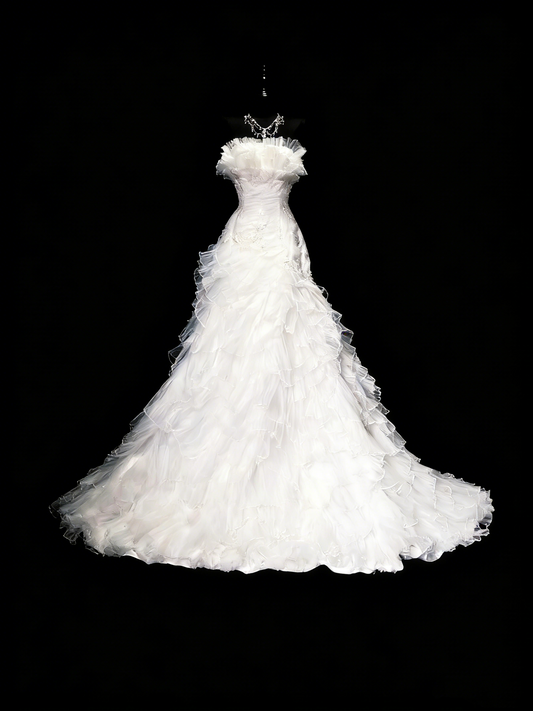 Vintage 80s Wedding Dresses Mermaid Strapless Tulle White Ruched Layers Long Brides Dress Fitted Bridal Gown N1208