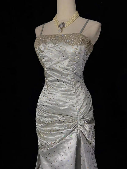 Classy Prom Dresses Inspiration Mermaid Spaghetti Strap Silver Gala Satin Beaded Vintage Formal Dress N3182