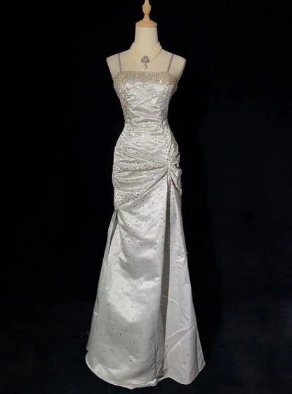 Classy Prom Dresses Inspiration Mermaid Spaghetti Strap Silver Gala Satin Beaded Vintage Formal Dress N3182