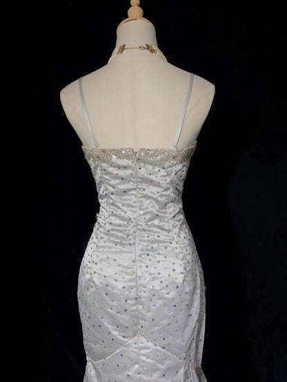 Classy Prom Dresses Inspiration Mermaid Spaghetti Strap Silver Gala Satin Beaded Vintage Formal Dress N3182