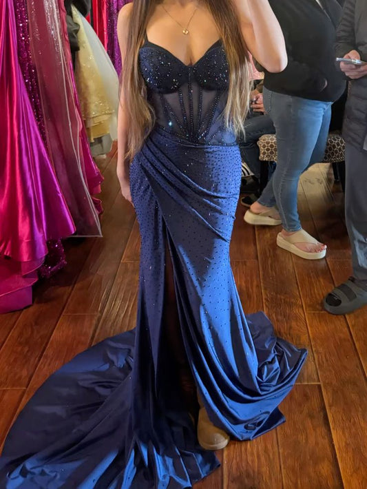 Aesthetic Mermaid Spaghetti Straps Navy Blue Sequins With Slit Long Formal Dresses Evening Prom Dress AB664