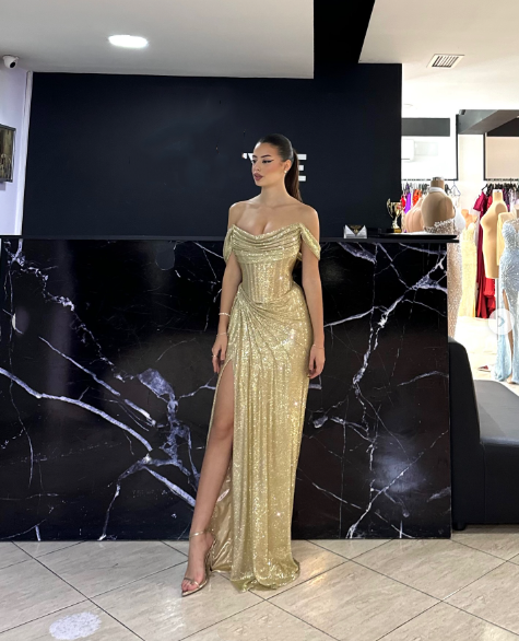 Modest Senior Prom Dresses High Schools Inspiration Mermaid Off The Shoulder Sequin Gold With Slit Semi Formal Grad Long Prom Dress For Teens AB2118
