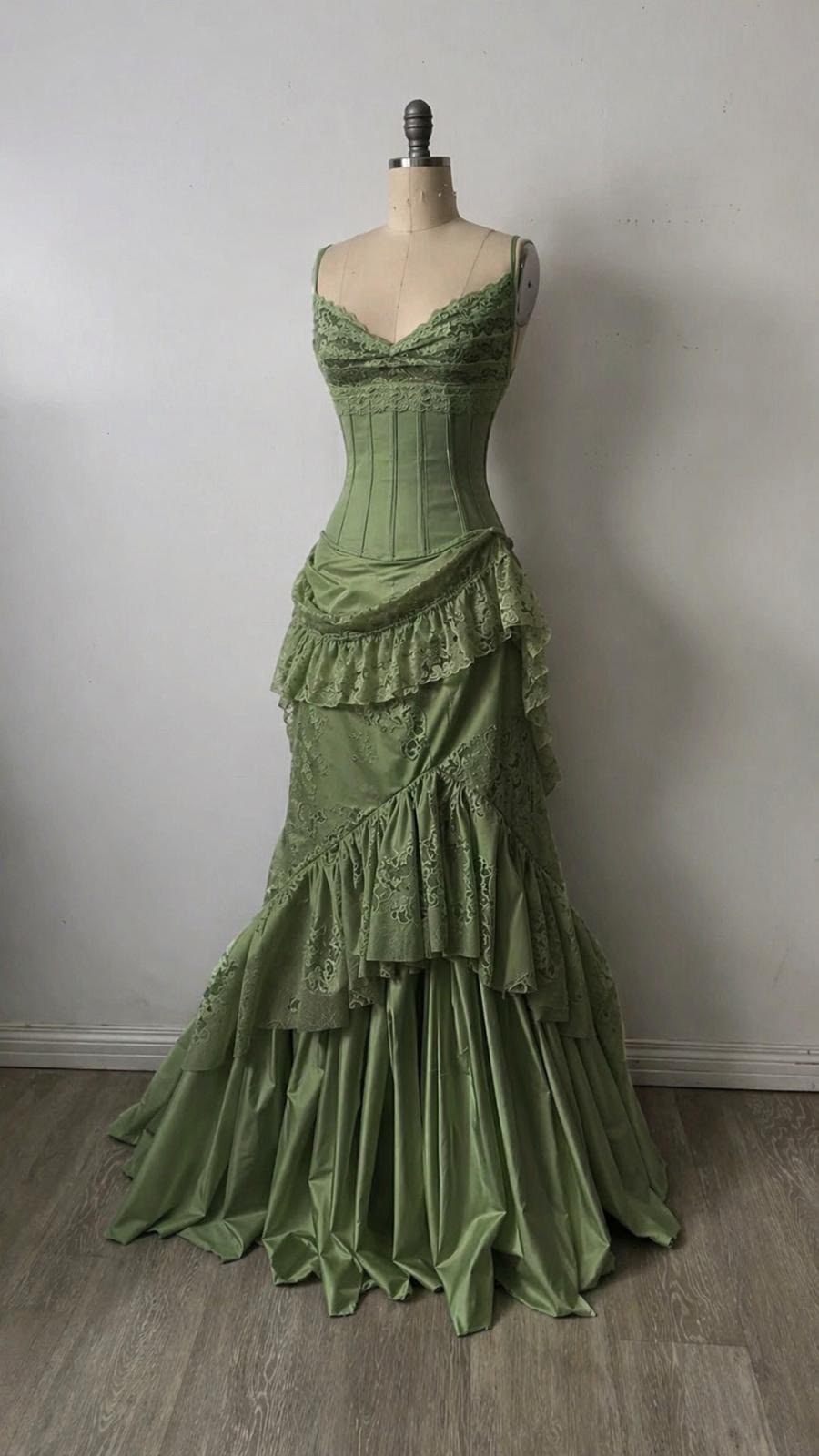 Elegant Mermaid Spaghetti Strap Green Lace With Ruffles Perfection-Formal Goals Nigh Evening Long Prom Dress Party Outfits RB6732