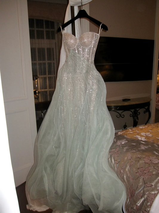 Glitter A line Strapless Green With Beaded Crystals Prom Dress Aesthetic Long Graduation Evening Outfits N069