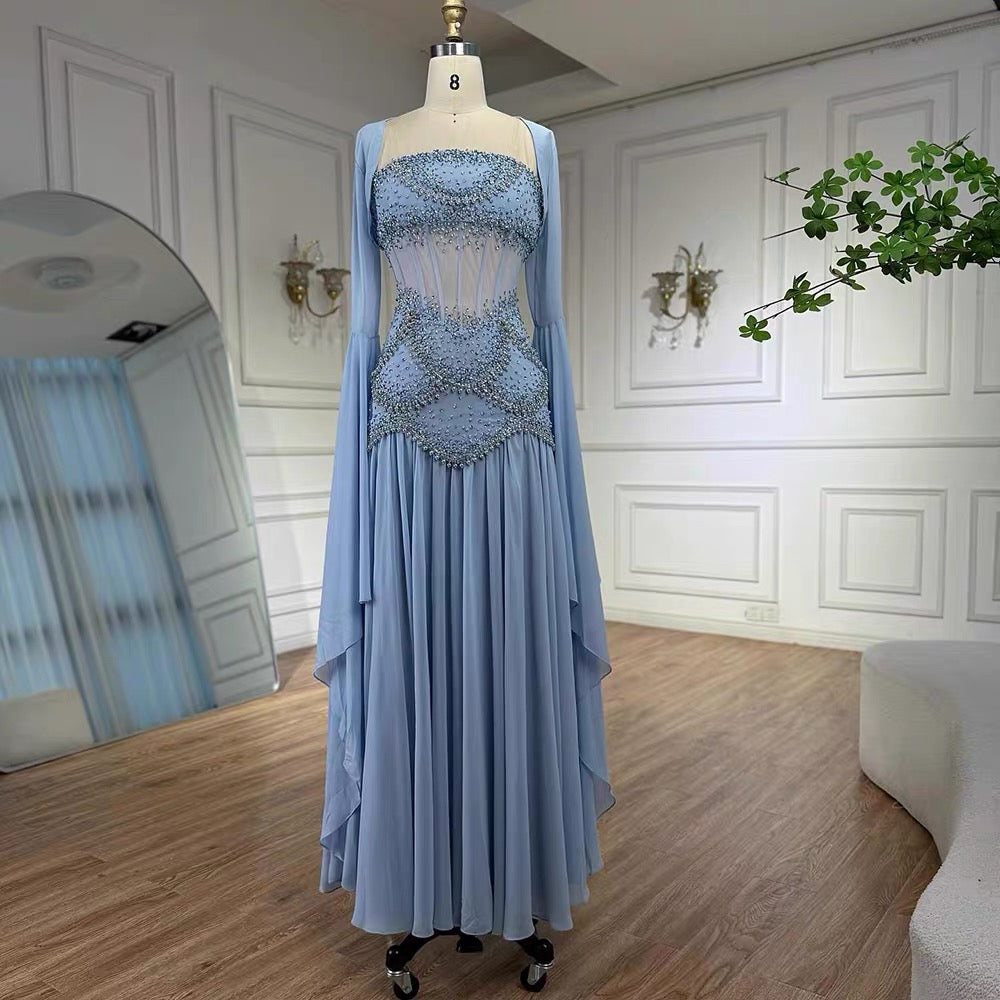 Classy A Line Strapless Blue Chiffon Beaded Prom Dresses Formal Dress 20th Birthday Outfits Prom Gown RB1966