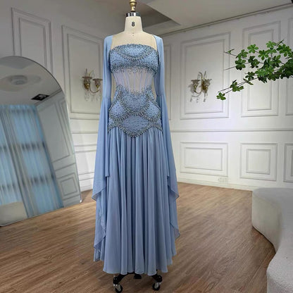 Classy A Line Strapless Blue Chiffon Beaded Prom Dresses Formal Dress 20th Birthday Outfits Prom Gown RB1966