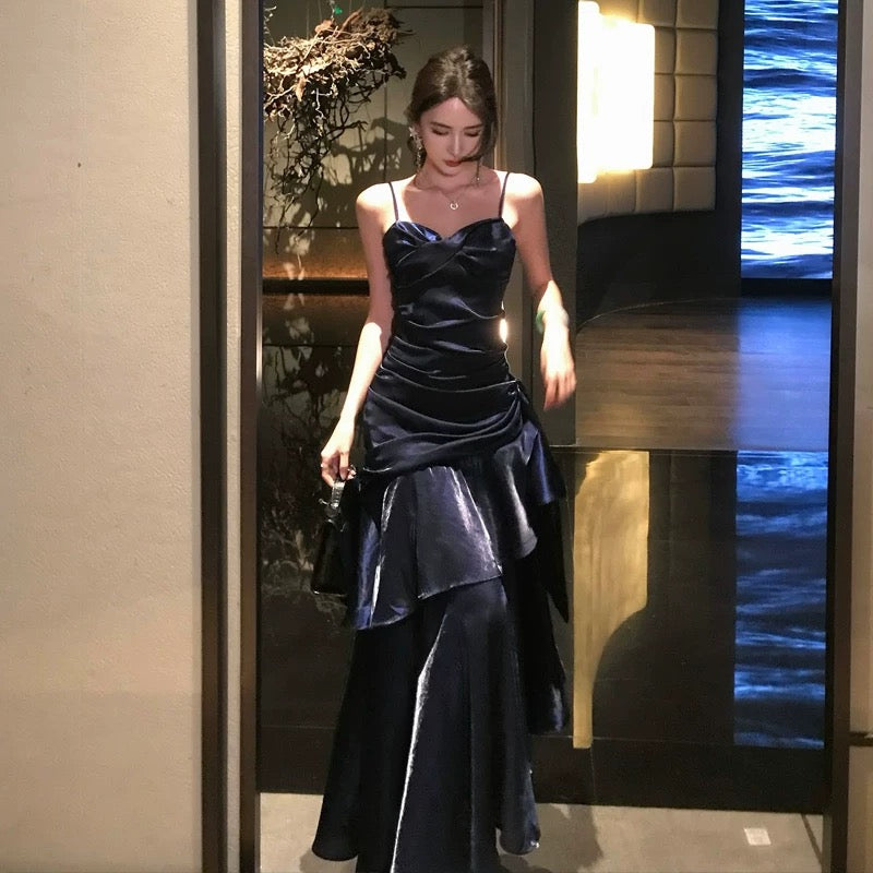 Vintage Navy Blue Exquisite Long Satin Mermaid Evening Dress Prom Dress Princess Formal Dress N780